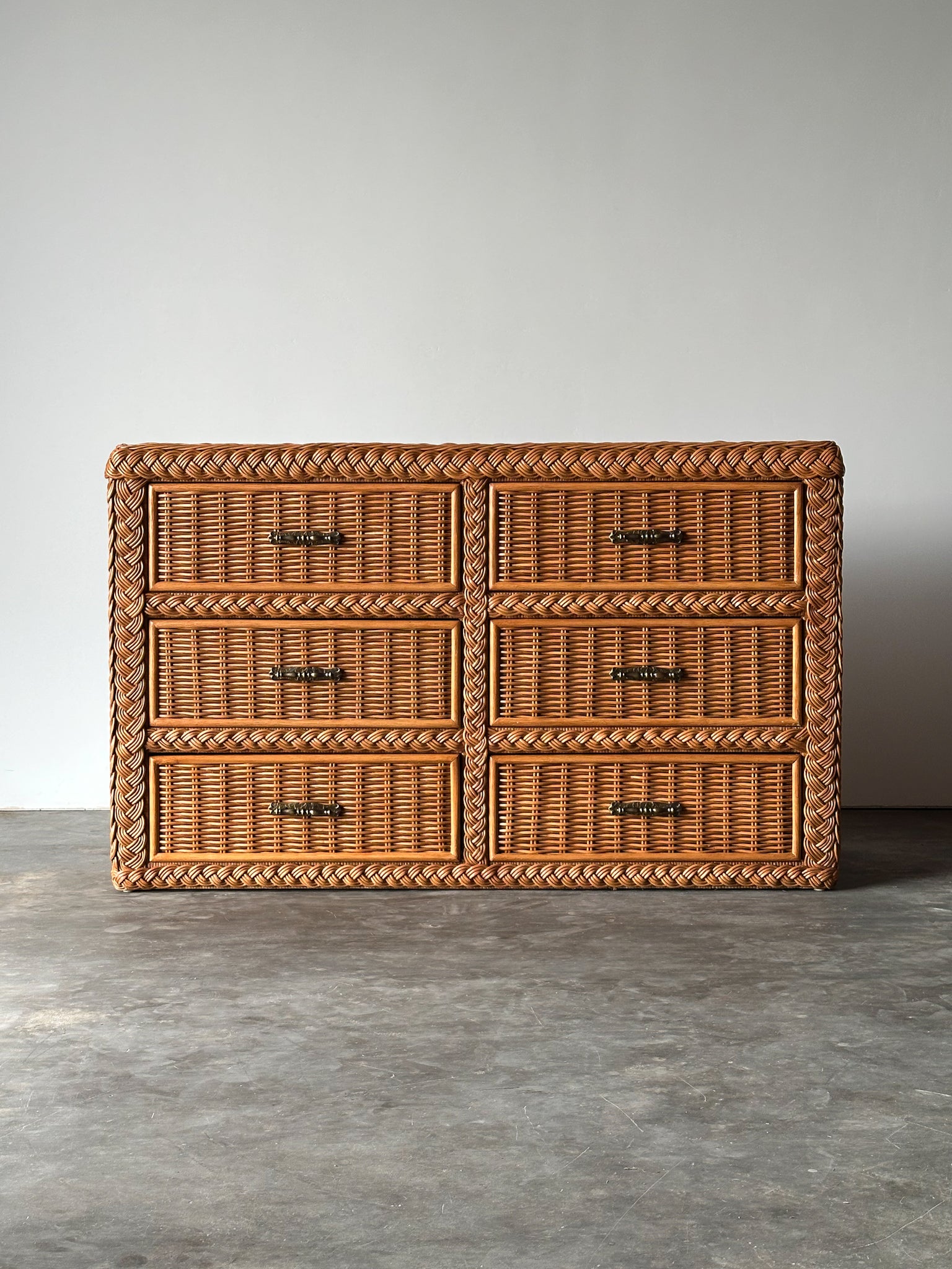 Woven Wicker Six-Drawer Dresser with Braided Rope Trim, 1980s