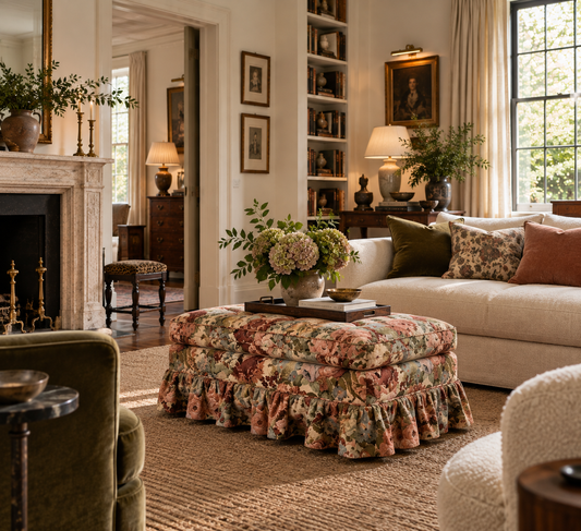 Floral Jacquard Tapestry Skirted Tufted Ottoman, 1980s