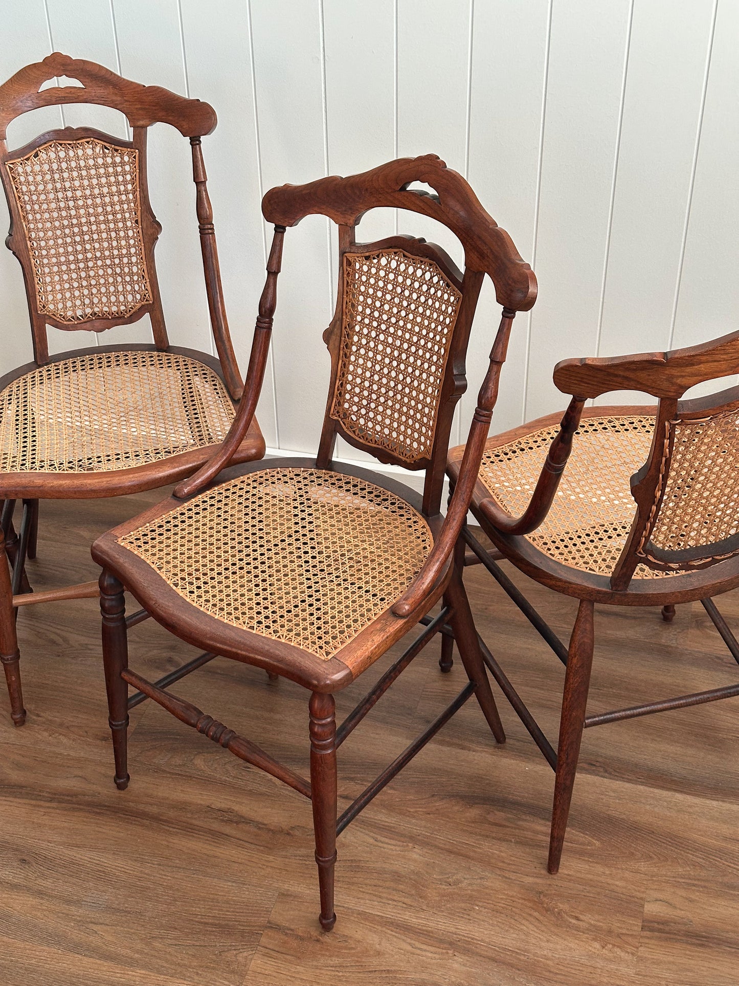 Victorian-Era Antique Cane & Wood Dining Chairs, Set of Four