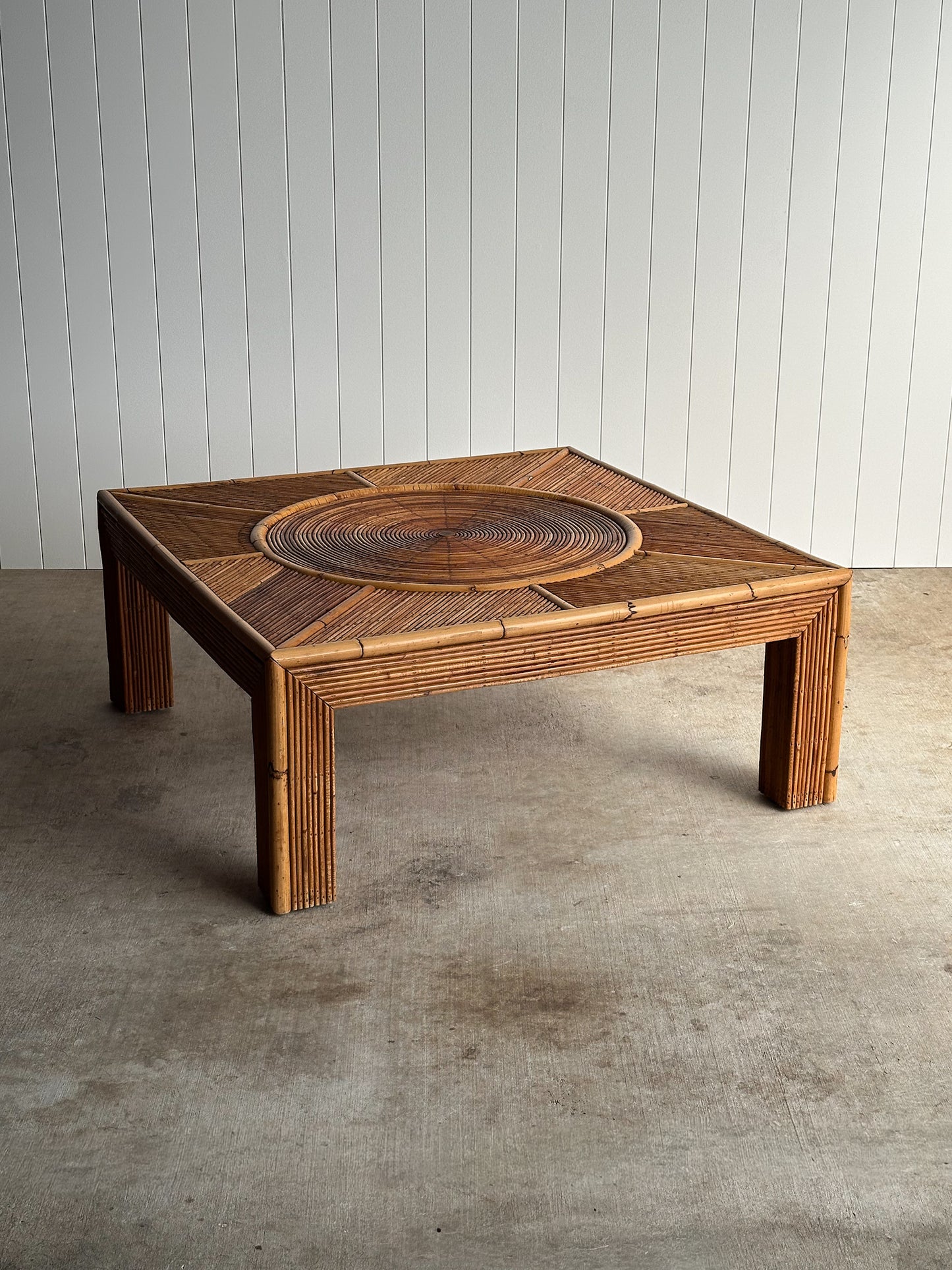 Vintage Italian Sunburst Rattan Coffee Table Attributed to Vivai del Sud, 1970s
