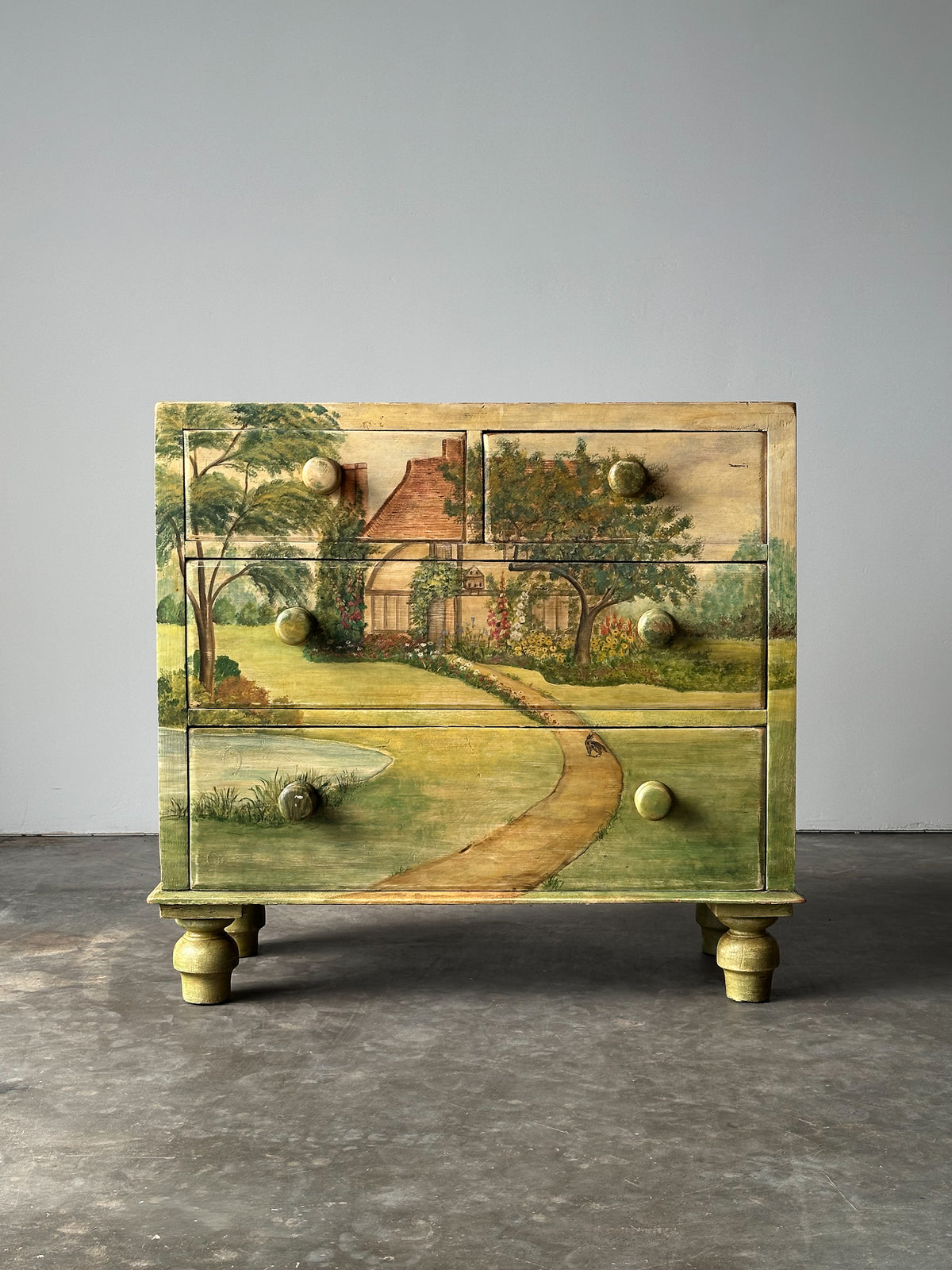 Hand-Painted Cottage Landscape Chest of Drawers, 19th Century