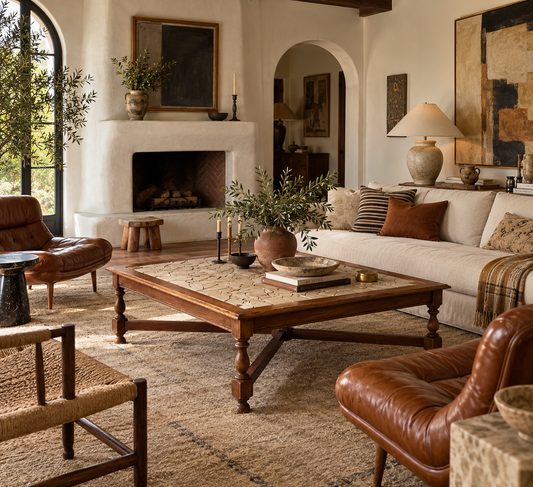 Hand-Laid Stone Mosaic Coffee Table on Vintage Oak Trestle Base