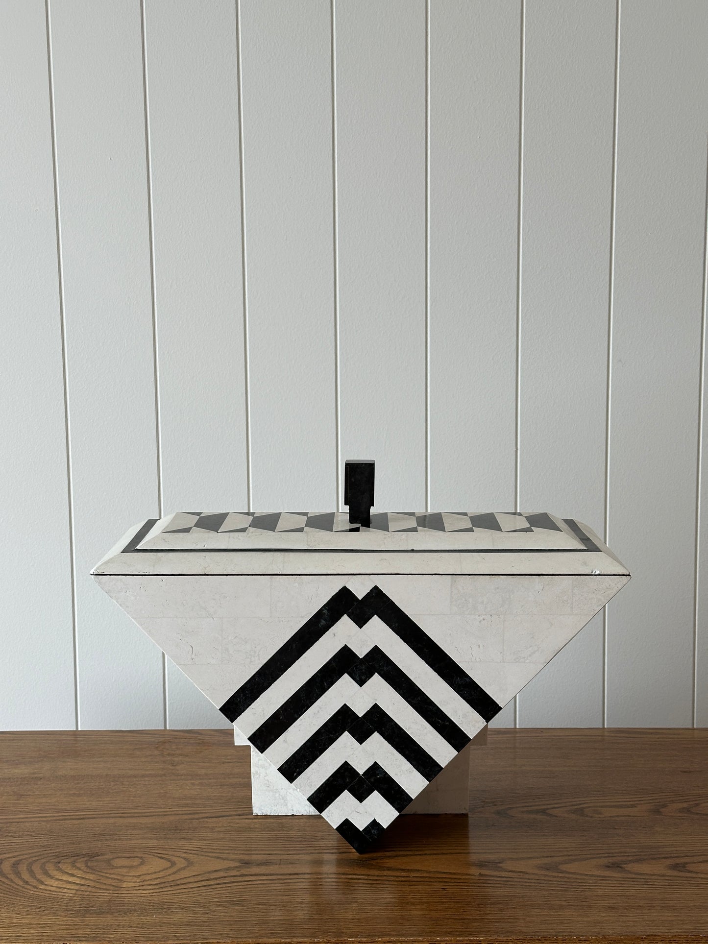 Vintage Maitland-Smith Tessellated Mactan Stone Box With Marble and Brass Inlay