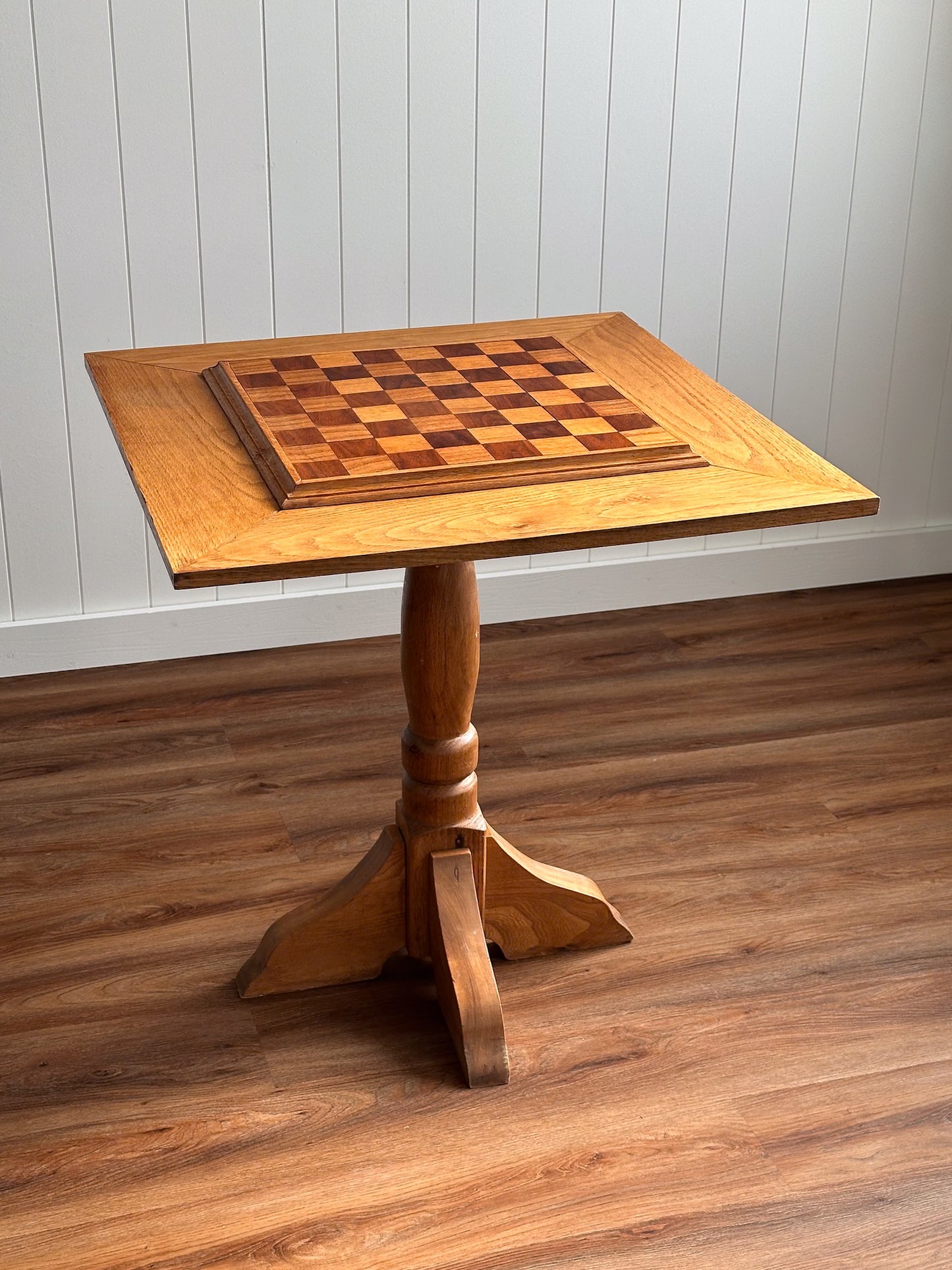 Vintage Handcrafted Oak Pedestal Game Table with Inlaid Chessboard
