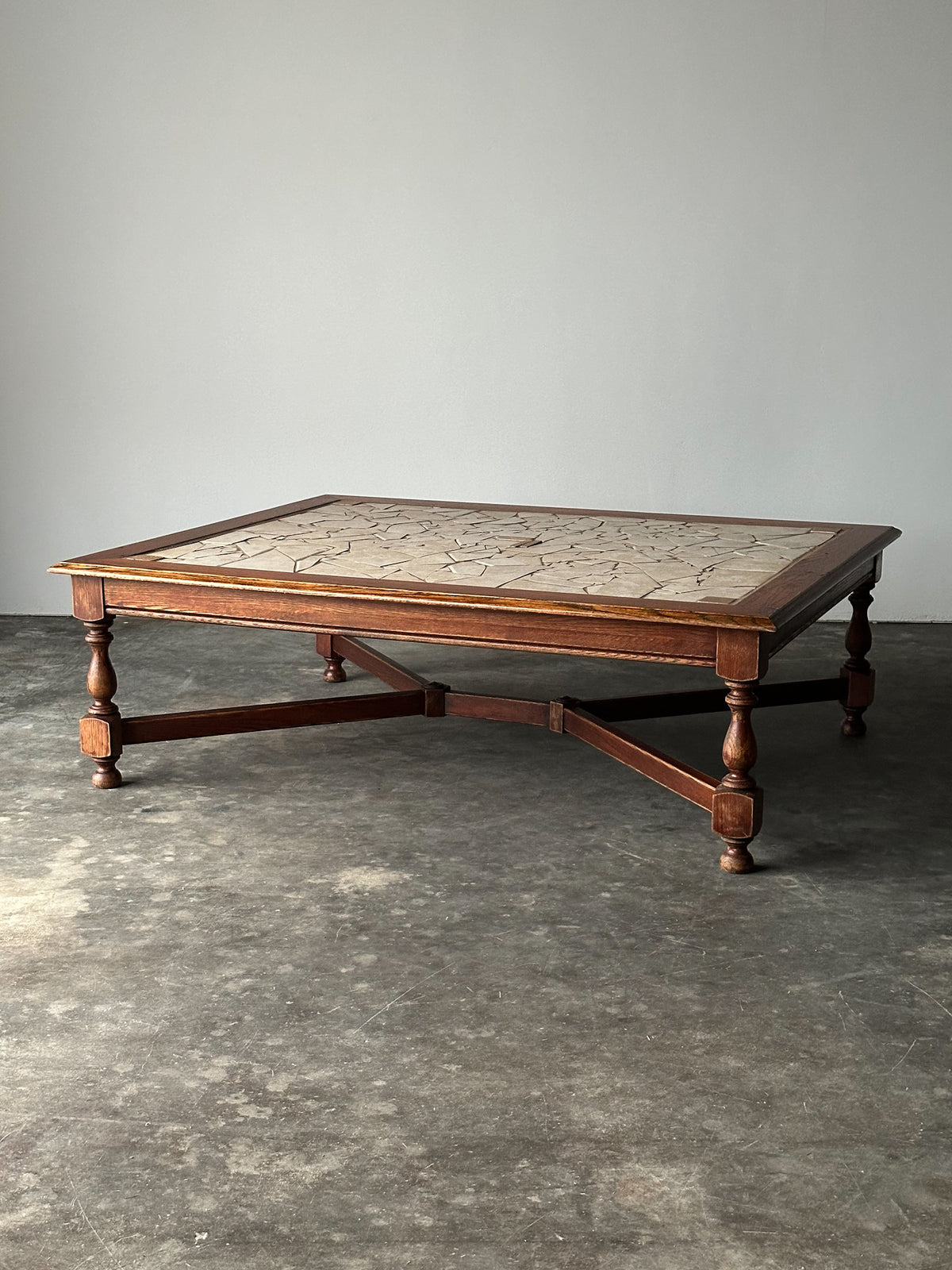 Hand-Laid Stone Mosaic Coffee Table on Vintage Oak Trestle Base