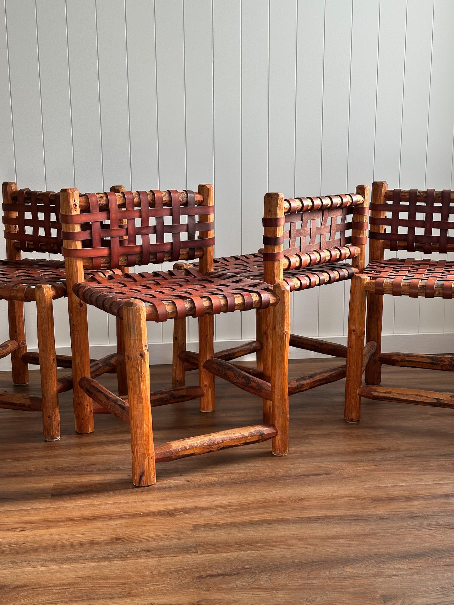 1940s Tuscan Leather Strap & Wood Dining Chairs, Set of Four