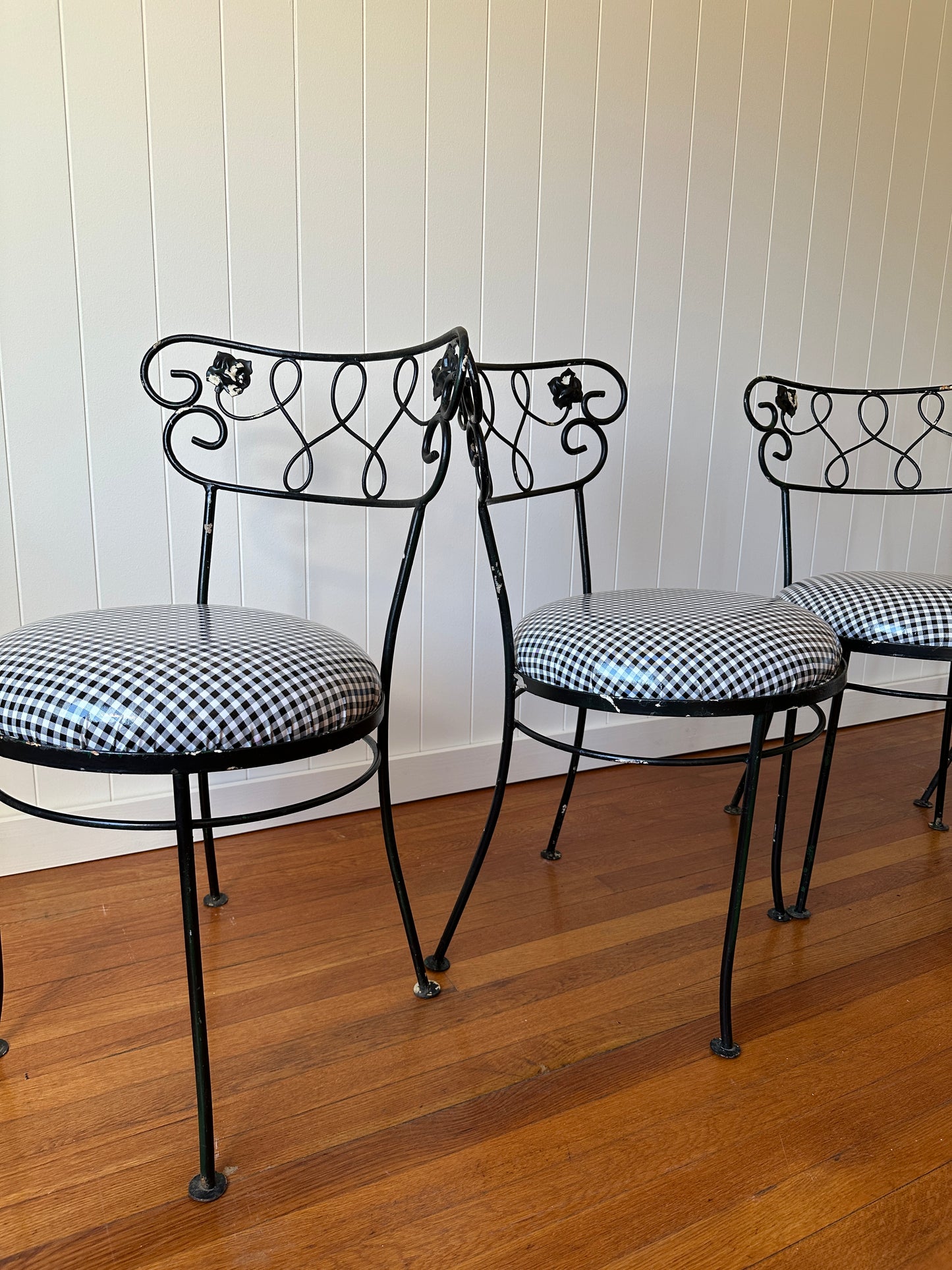 Vintage Wrought Iron Dining Chairs With Gingham Seats, Set of Four
