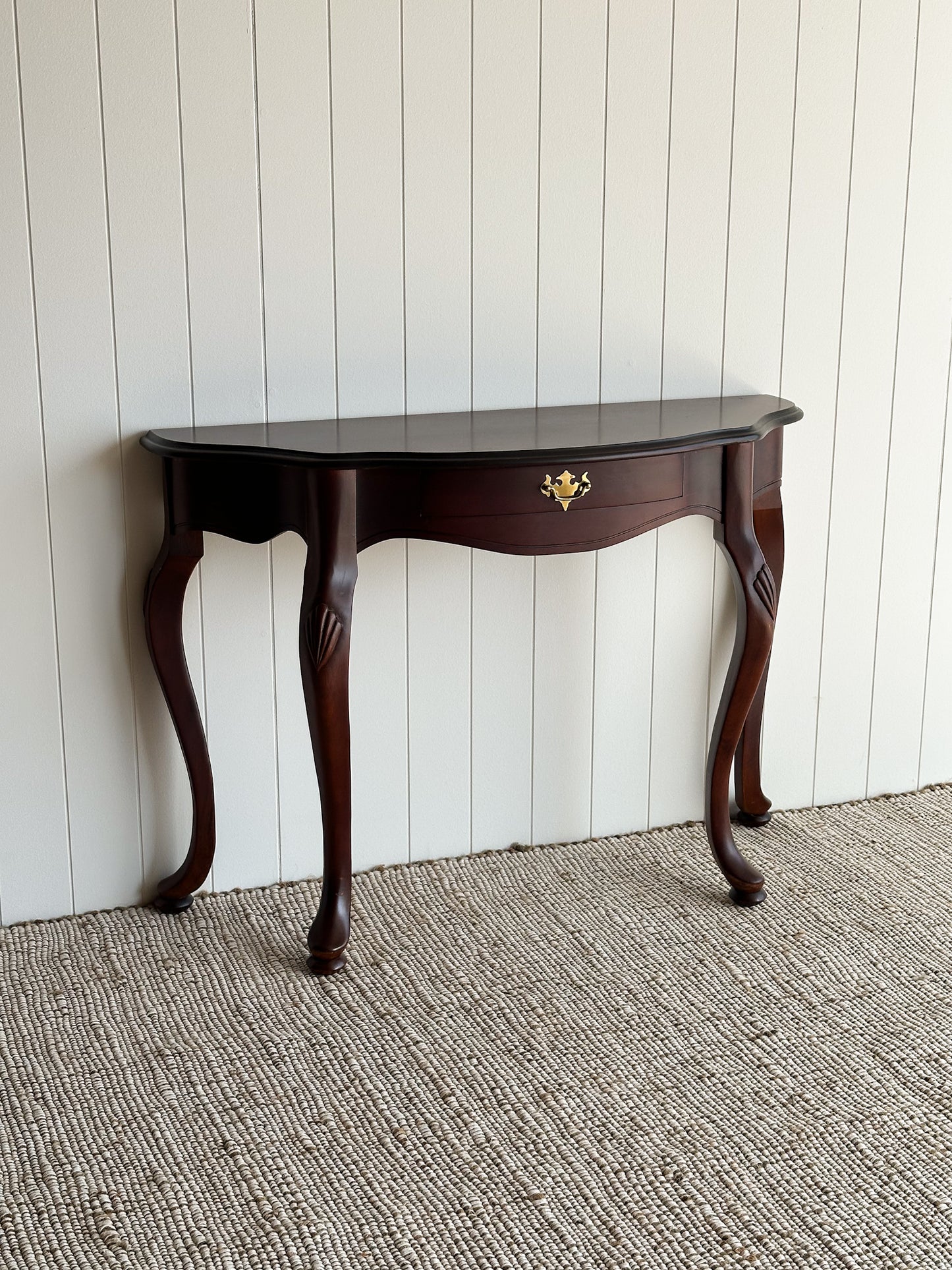 Vintage Mahogany Entry Console Table with Shaped Front and Brass Pull