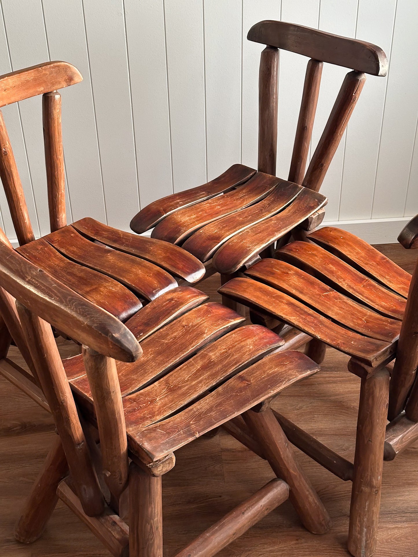 Vintage Brutalist Wood Dining Chairs, Set of 4