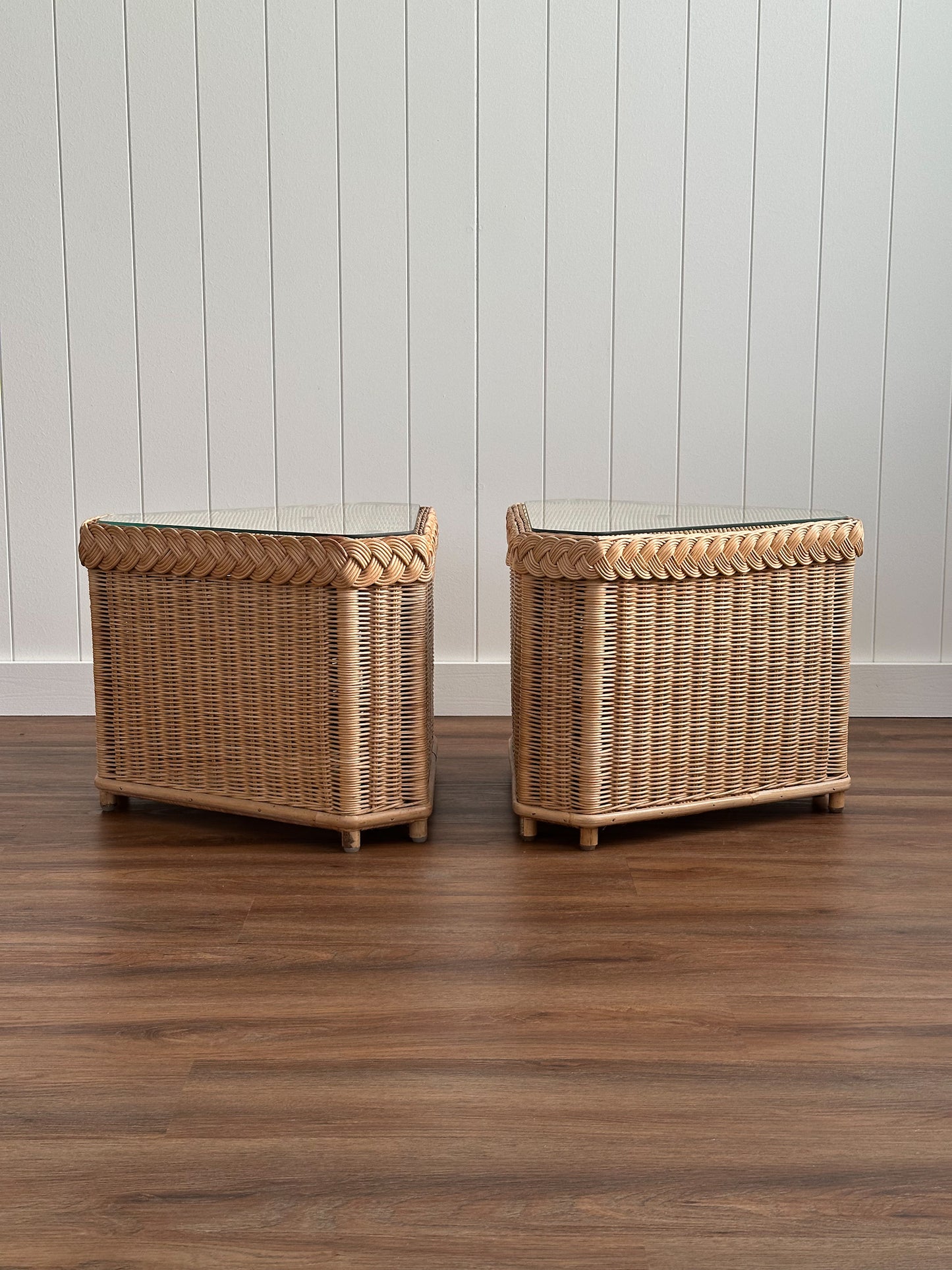 Vintage Brown Jordan Braided Wicker Side Tables, Pair