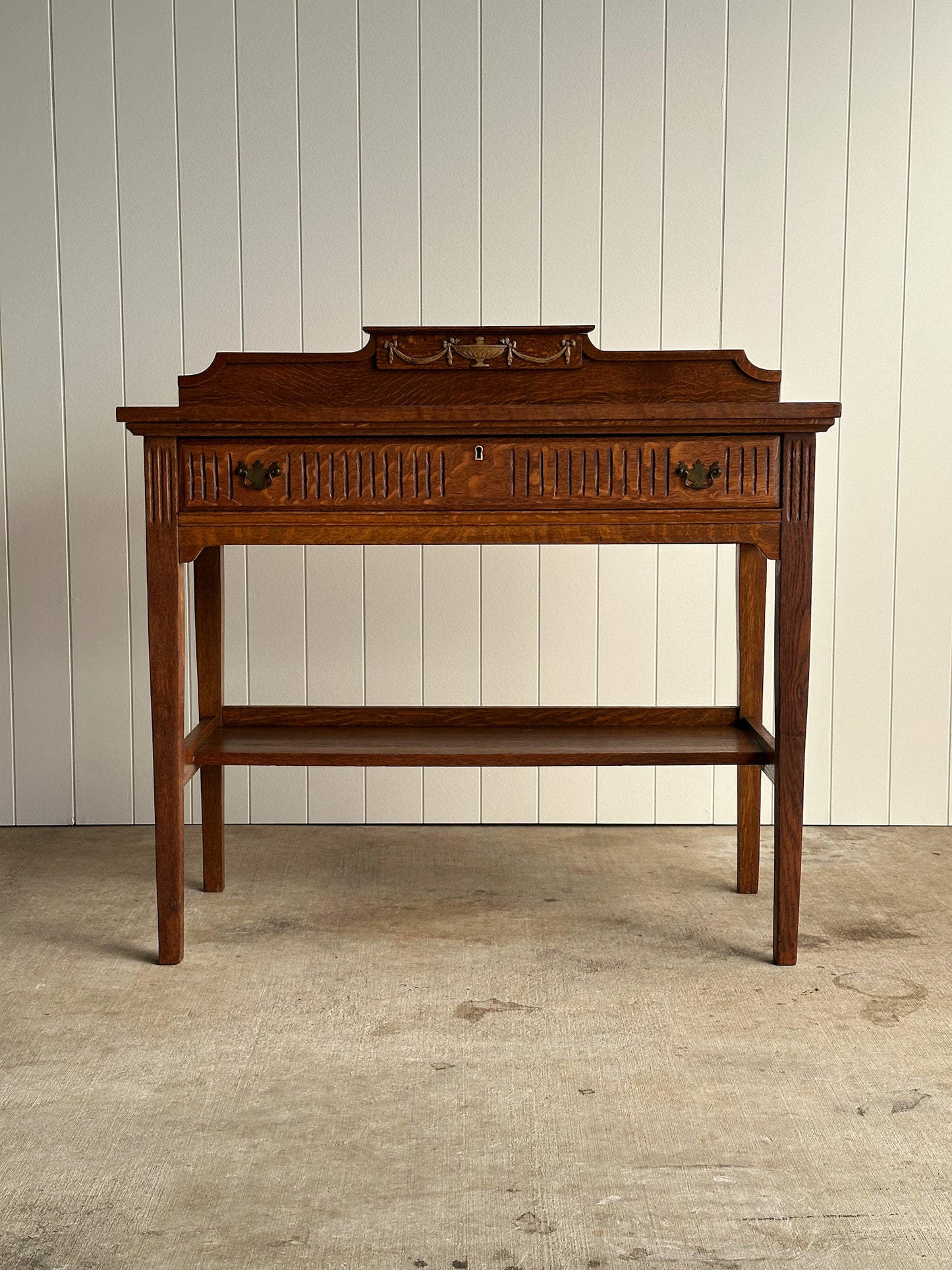 Antique Oak Server Table with Neoclassical Gallery, C. 1890