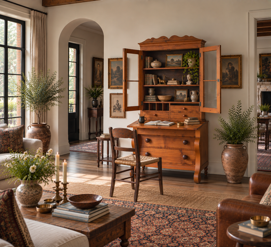 Pine Fall-Front Secretary Desk with Glass-Front Bookcase, Circa 1840s