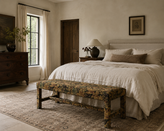Fully-Upholstered Jacquard Tapestry Parsons Bench, 1980s