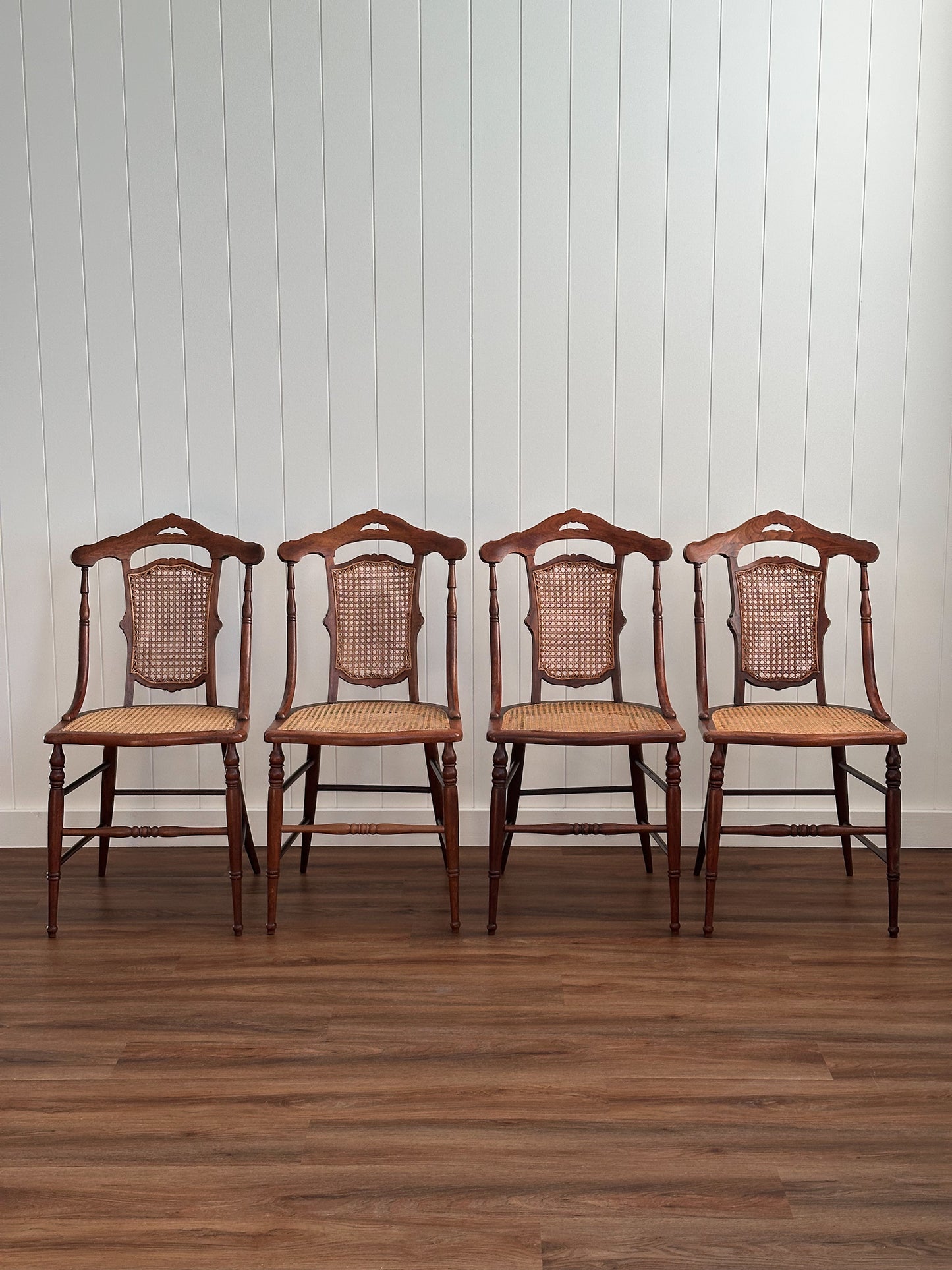 Victorian-Era Antique Cane & Wood Dining Chairs, Set of Four