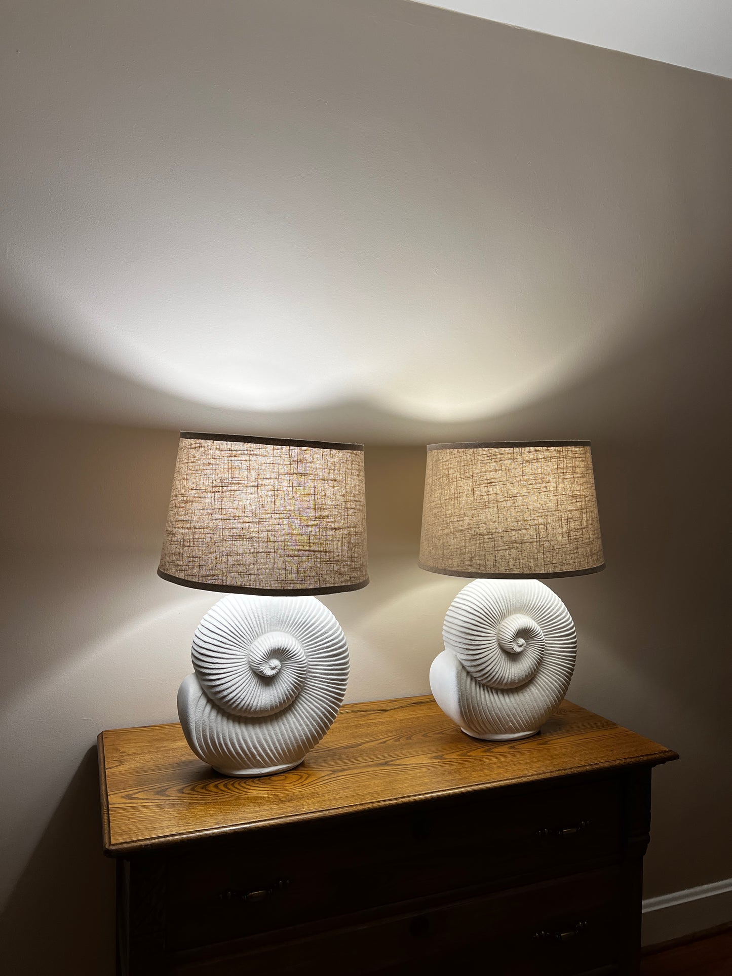 Vintage Spiral Shell Table Lamps With Linen Drum Shades - A Pair