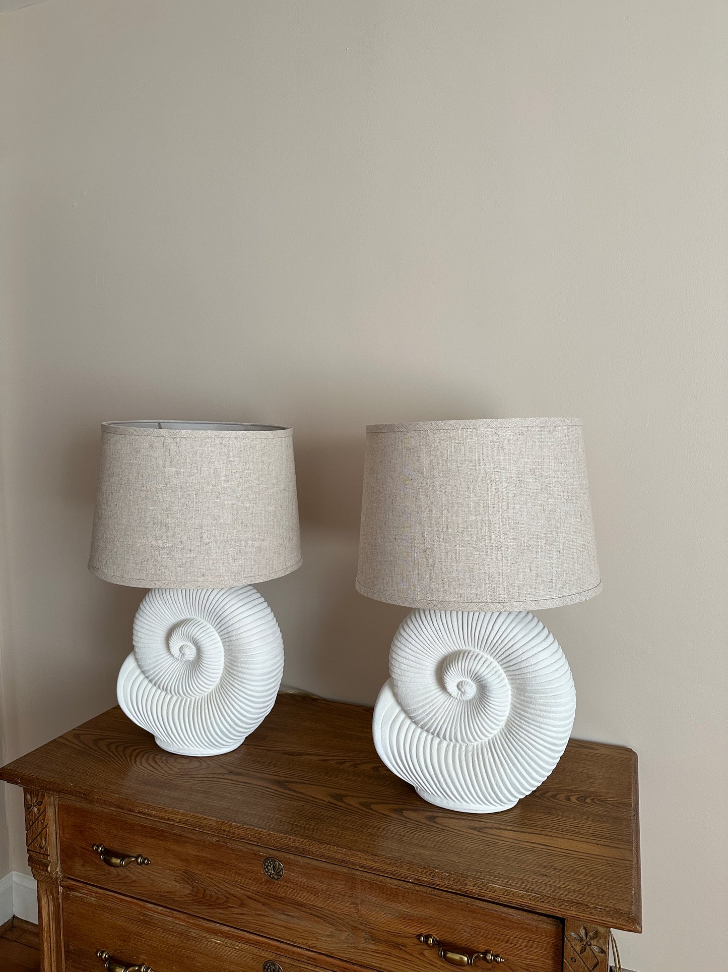 Vintage Spiral Shell Table Lamps With Linen Drum Shades - A Pair