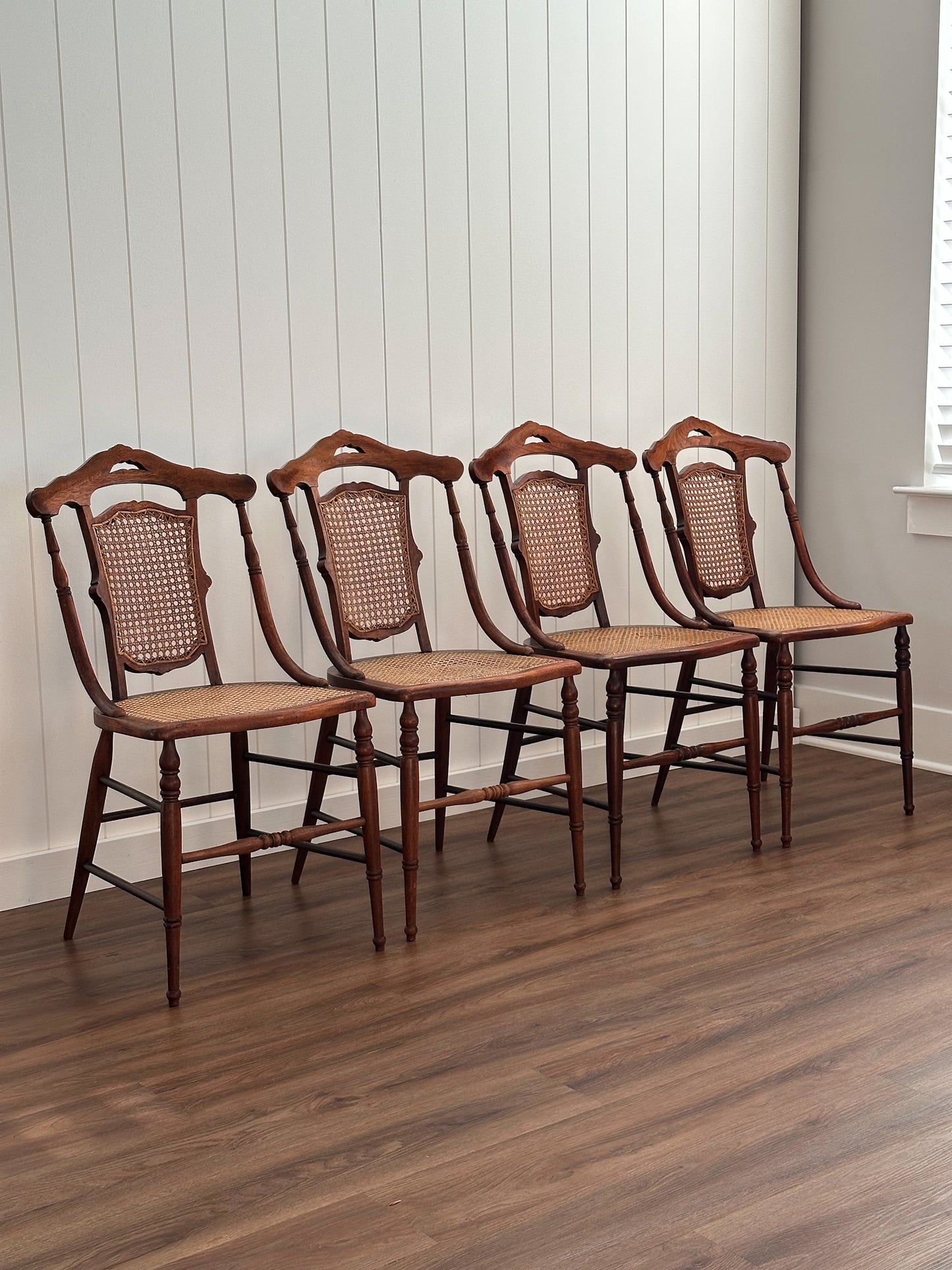 Victorian-Era Antique Cane & Wood Dining Chairs, Set of Four