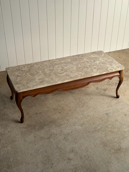 Vintage French Provincial Carved Maple Coffee Table with Marble Top
