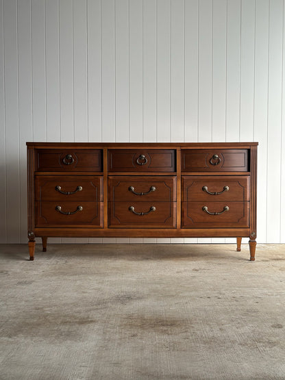 Vintage Ward Walnut Nine-Drawer Triple Dresser with Fluted Details