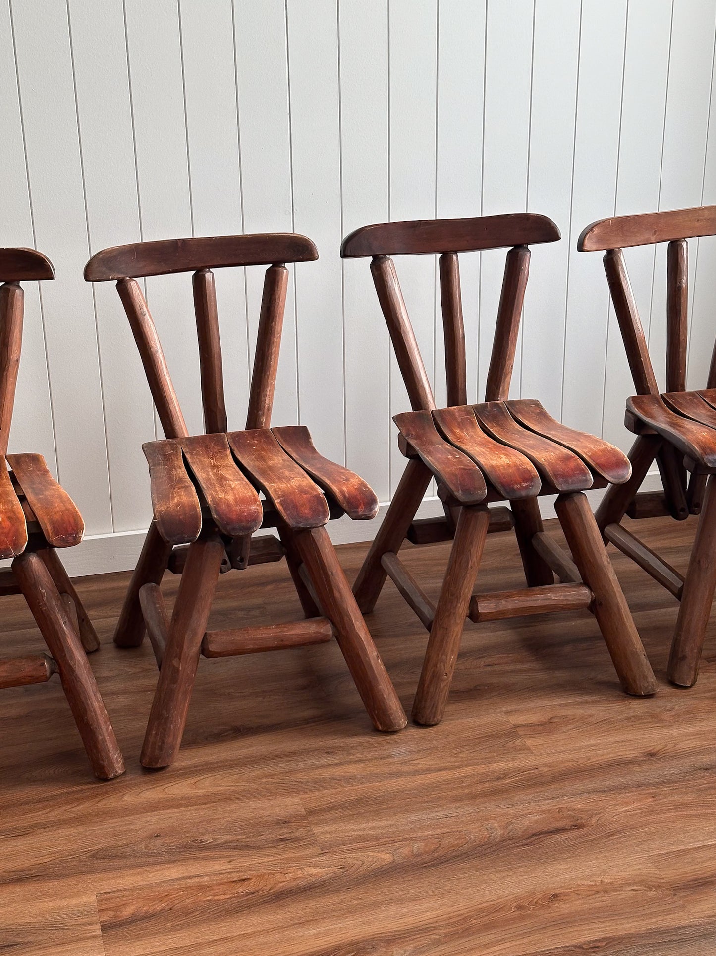 1960s Vintage Brutalist Wabi-Sabi Wood Dining Chairs, Set of Four