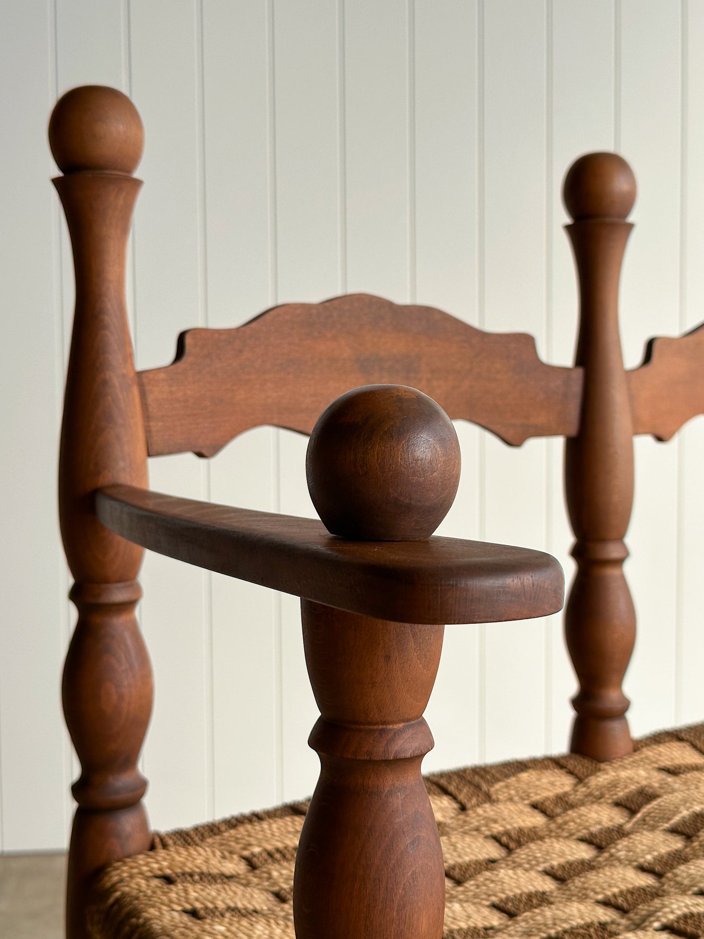 Vintage Sculptural Turned Wood Double Bench with Woven Rope Seat, c. 1950