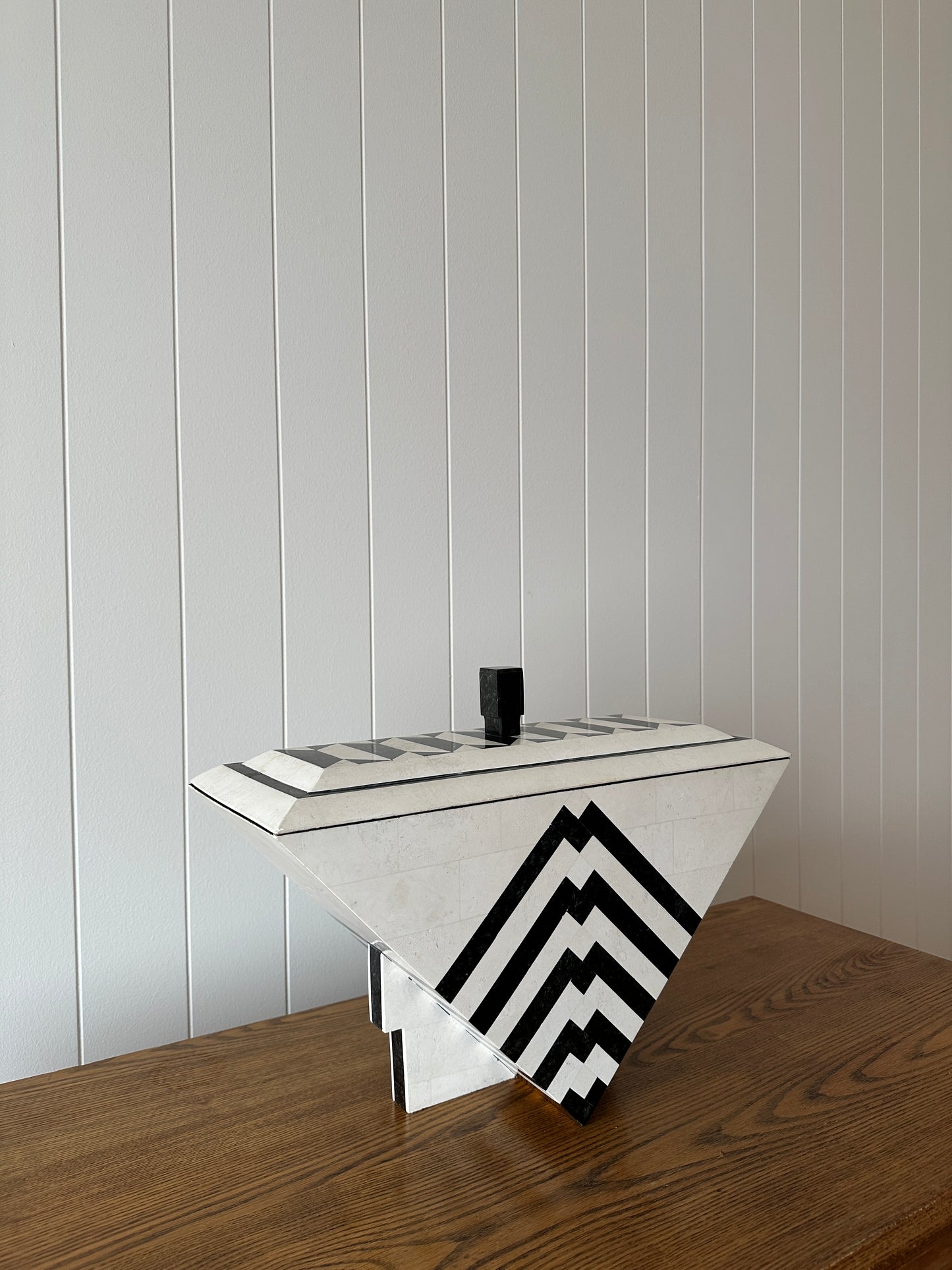 Vintage Maitland-Smith Tessellated Mactan Stone Box With Marble and Brass Inlay