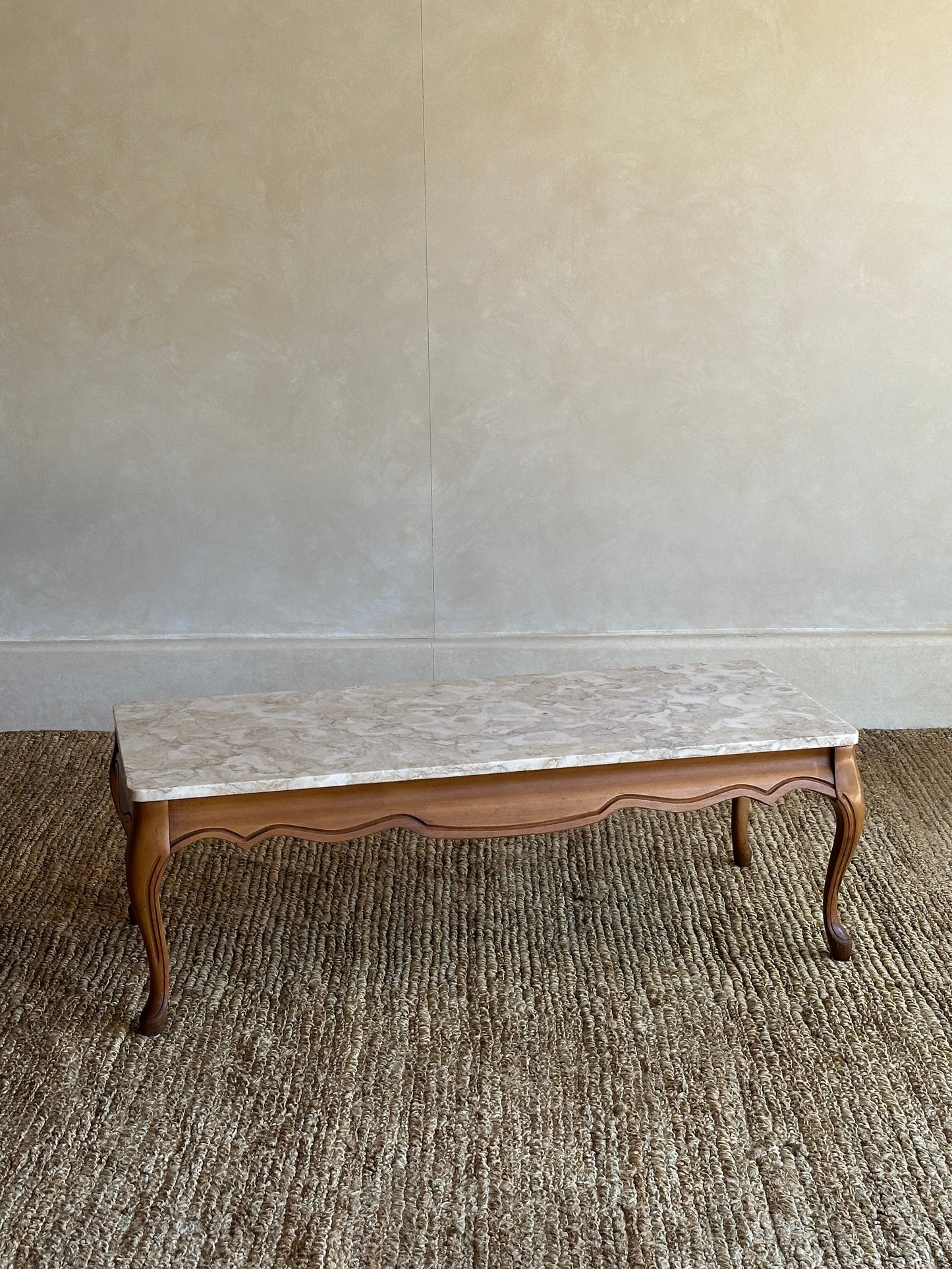 1950s French Provincial Marble and Carved Maple Coffee Table