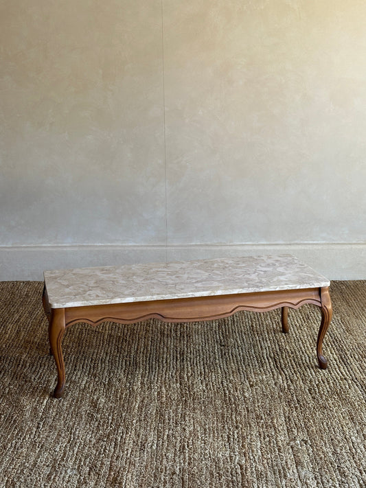 1950s French Provincial Marble and Carved Maple Coffee Table