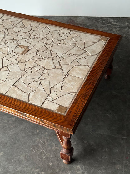 Hand-Laid Stone Mosaic Coffee Table on Vintage Oak Trestle Base