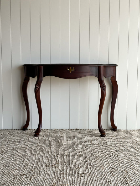 Vintage Mahogany Entry Console Table with Shaped Front and Brass Pull