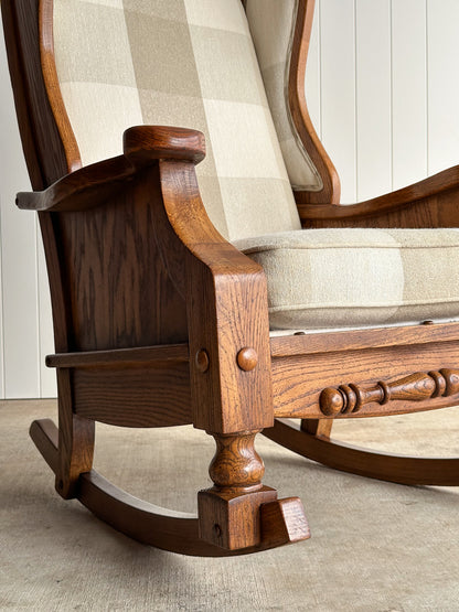 Studio Craft Oak Wingback Rocking Chair With Carved Rail, C. 1970s