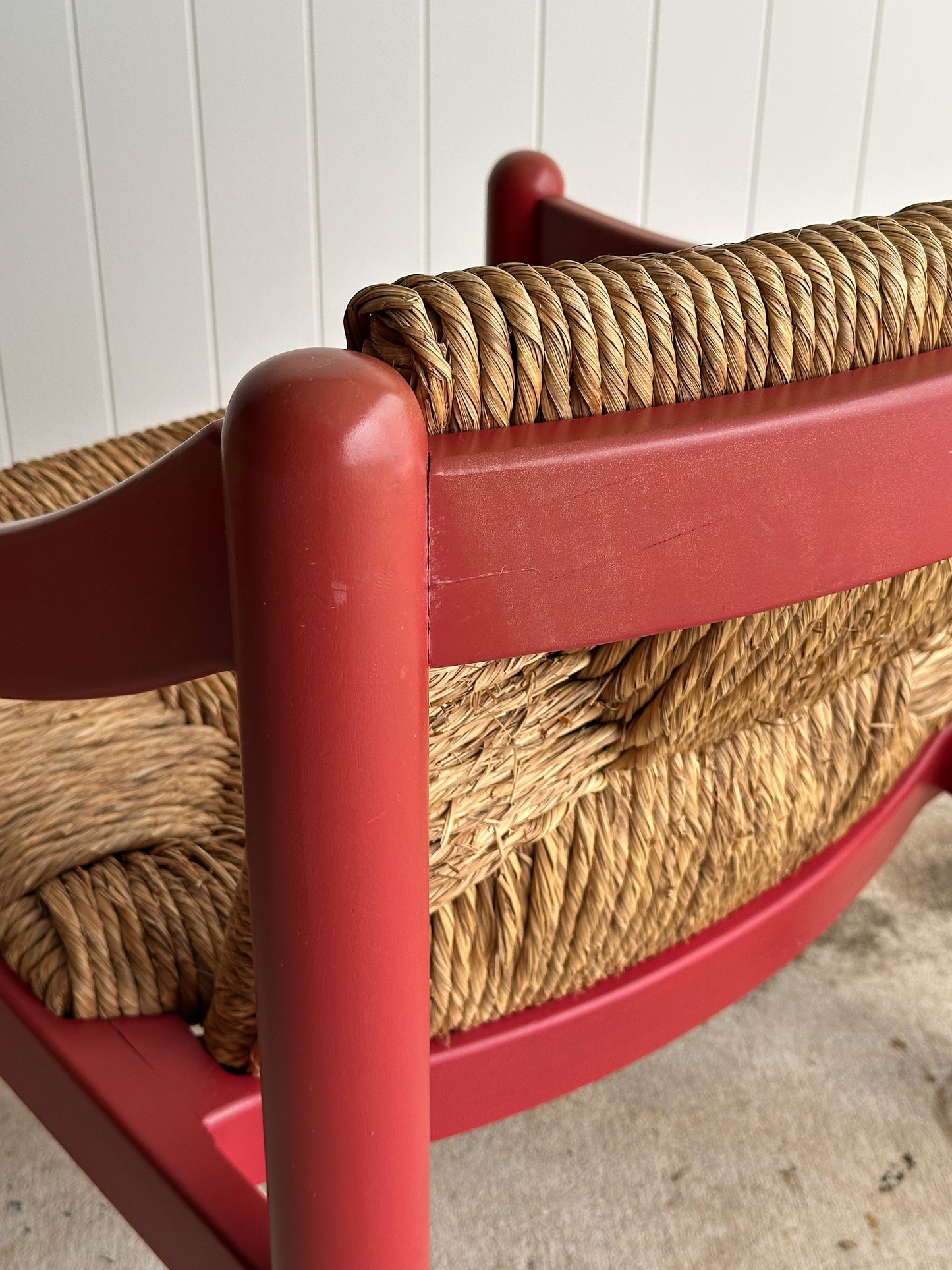 Pair of Vintage Red Lacquered Rush Lounge Chairs, Attributed to Vico Magistretti