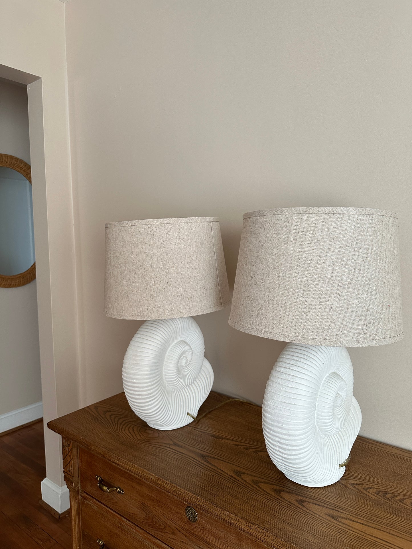 Vintage Spiral Shell Table Lamps With Linen Drum Shades - A Pair