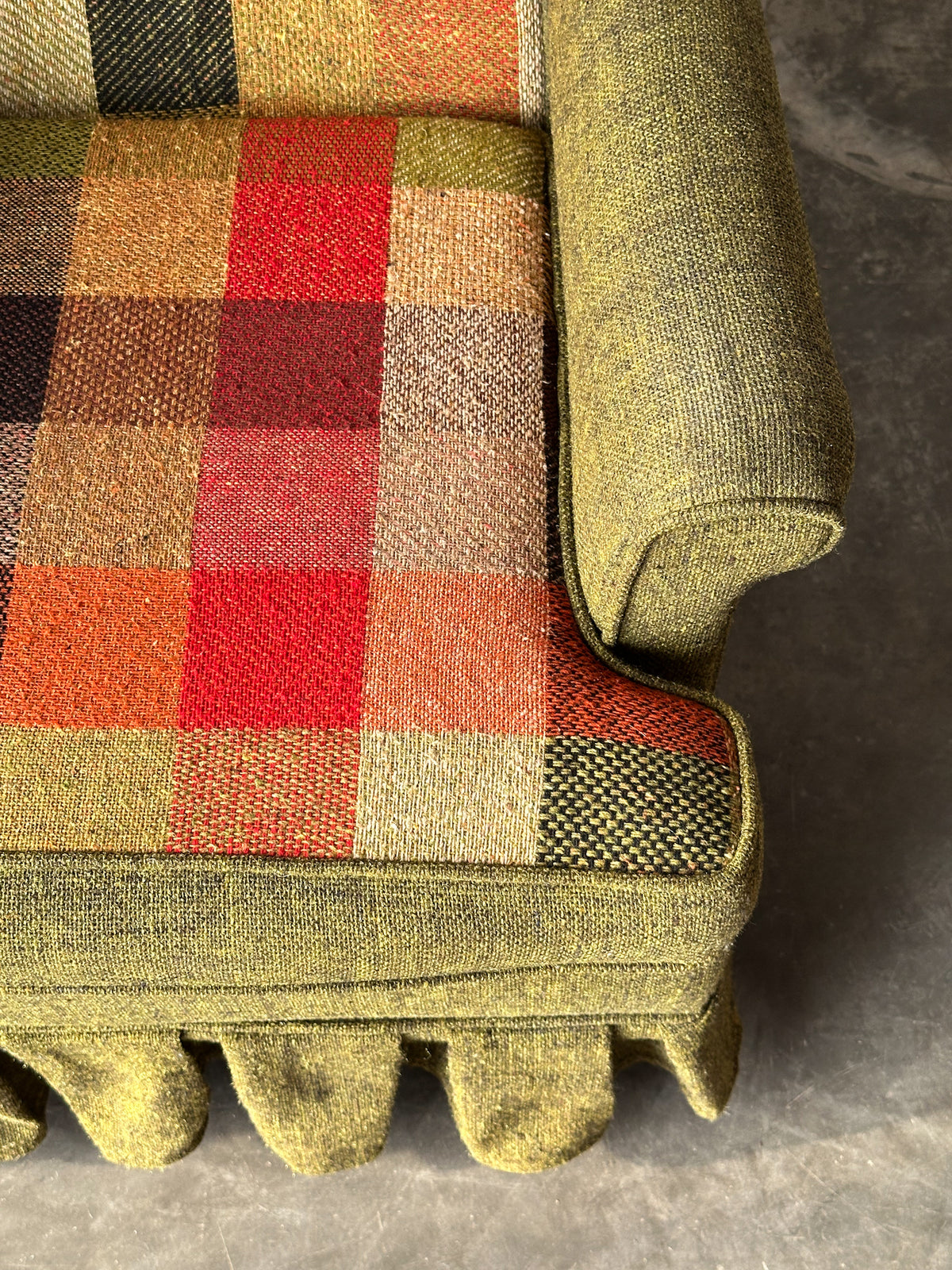 Olive Tweed Swivel Rocker with Patchwork Plaid Upholstery, 1970s