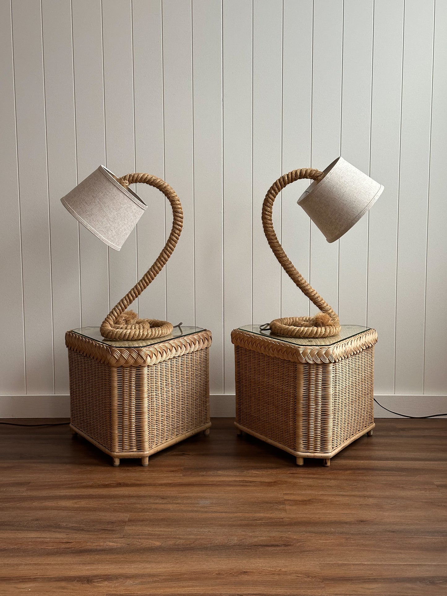 Vintage French Mid-Century Rope Table Lamps, Pair