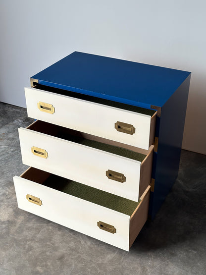 Blue & White Lacquered Campaign Chest of Drawers with Brass Hardware, 1970s