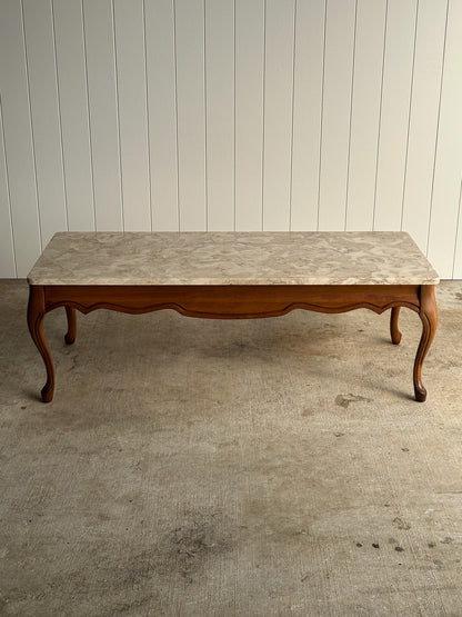 Vintage French Provincial Carved Maple Coffee Table with Marble Top