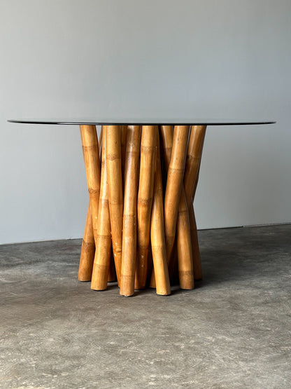 Bundled Bamboo Round Glass Dining Table, Budji Layug, 1970s
