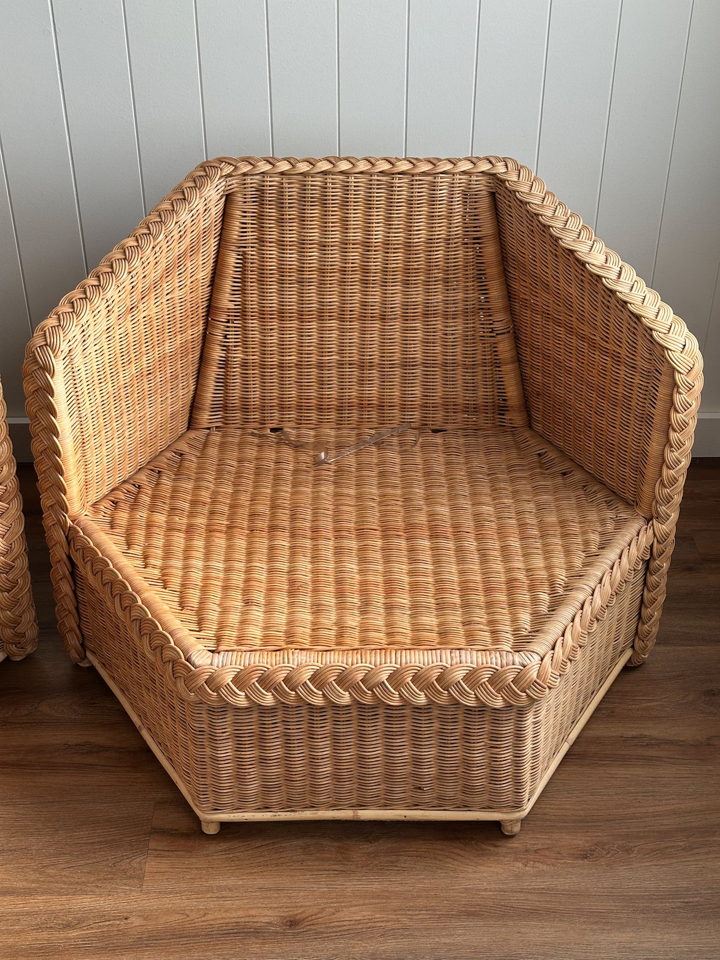 Vintage Brown Jordan Braided Wicker Lounge Chairs, Pair