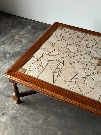 Hand-Laid Stone Mosaic Coffee Table on Vintage Oak Trestle Base