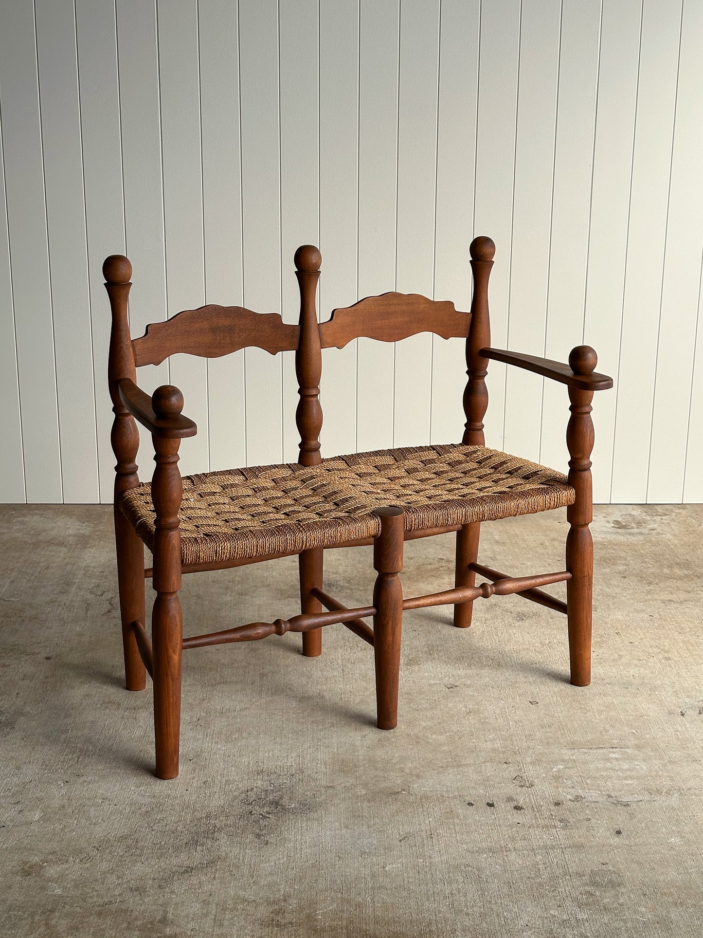 Vintage Sculptural Turned Wood Double Bench with Woven Rope Seat, c. 1950
