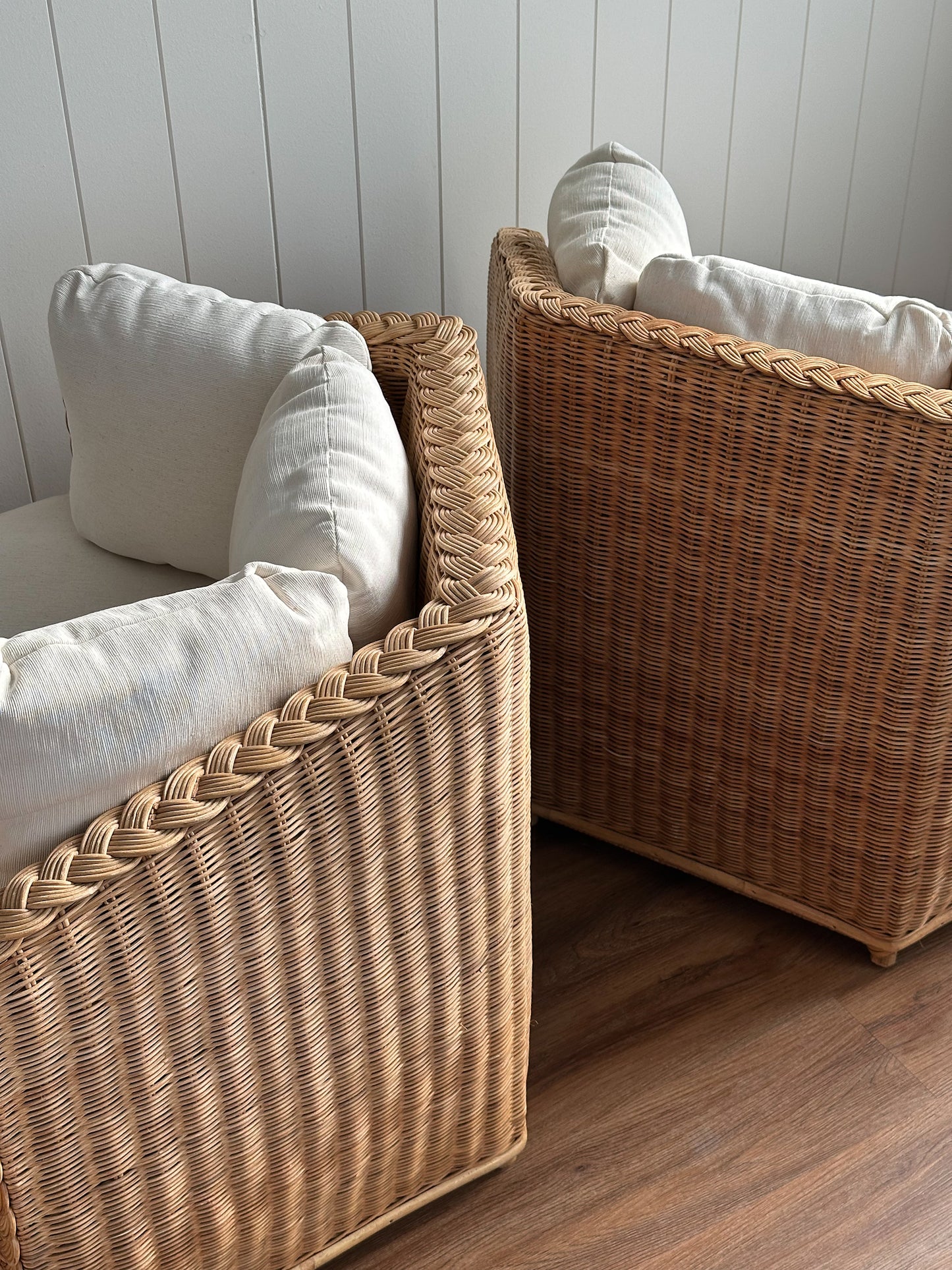 Vintage Brown Jordan Braided Wicker Lounge Chairs, Pair