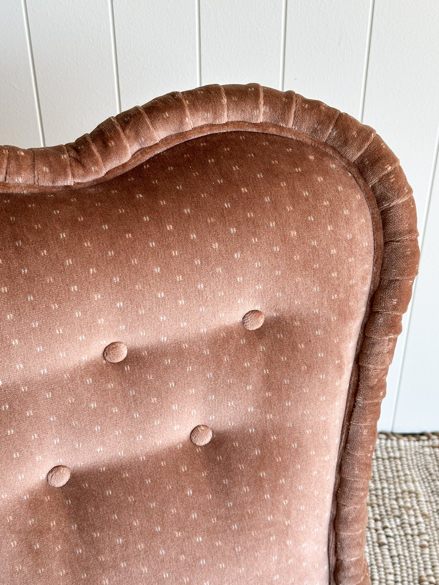 Vintage Blush Velvet Slipper Chair with Pleated Skirt