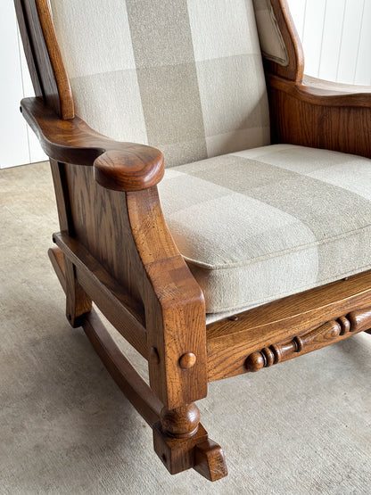 Studio Craft Oak Wingback Rocking Chair With Carved Rail, C. 1970s