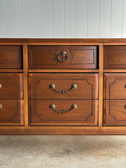 Vintage Ward Walnut Nine-Drawer Triple Dresser with Fluted Details