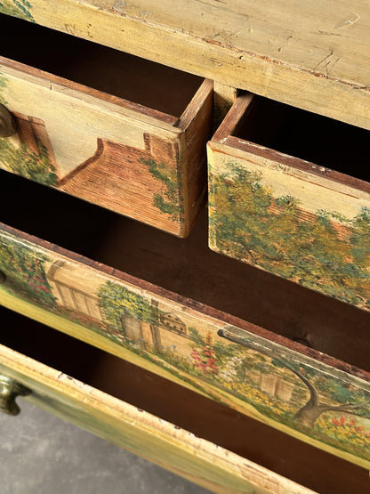 Hand-Painted Cottage Landscape Chest of Drawers, 19th Century