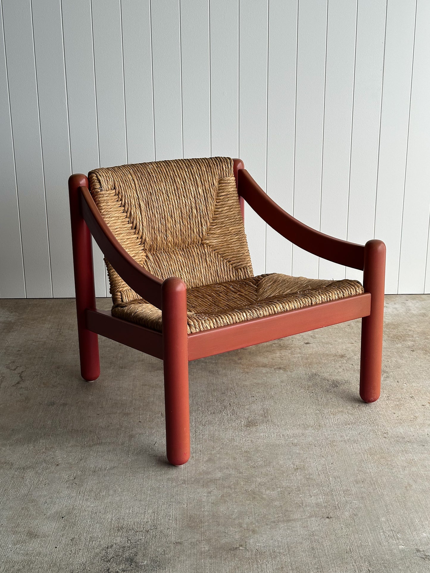Pair of Vintage Red Lacquered Rush Lounge Chairs, Attributed to Vico Magistretti