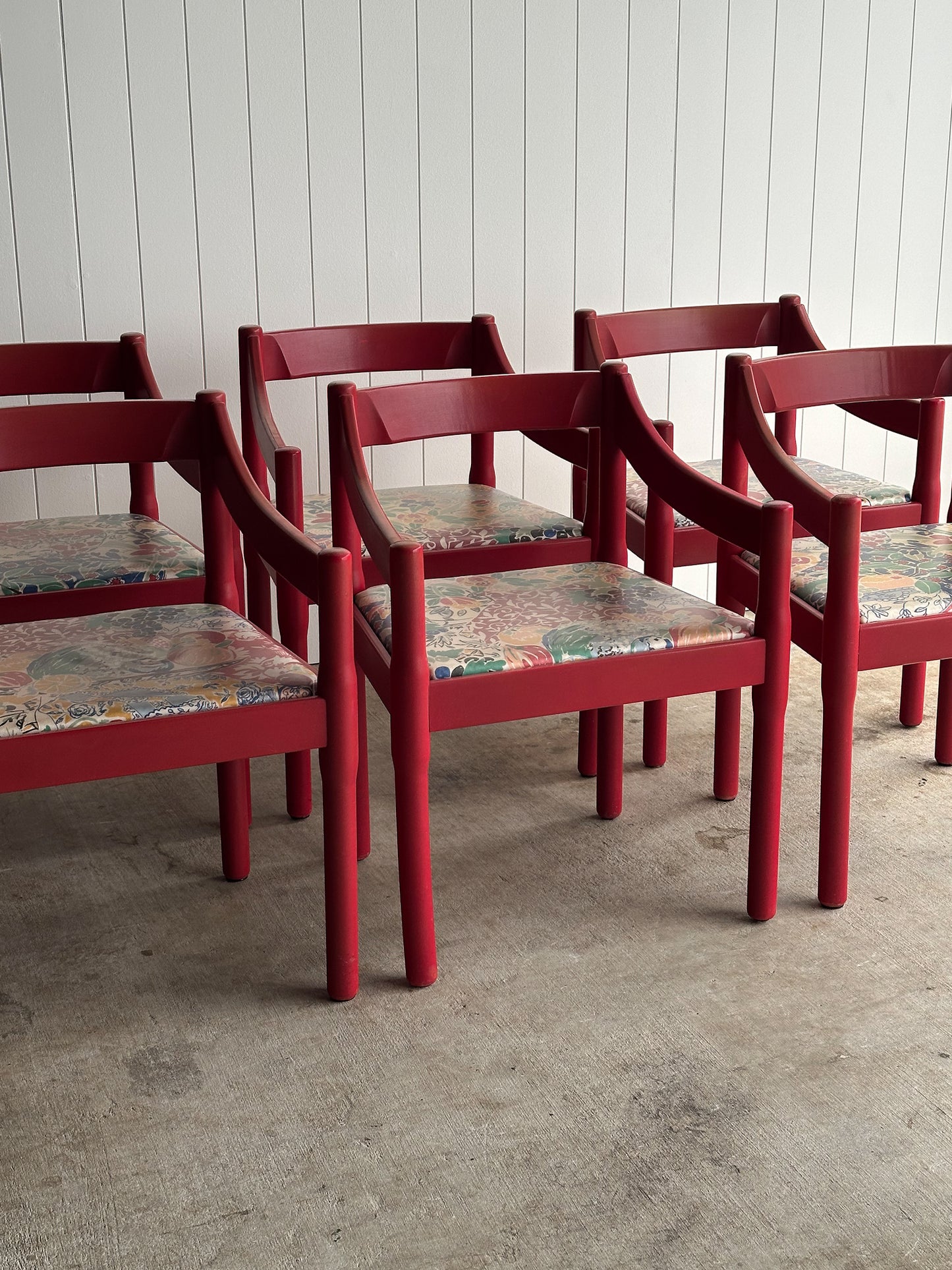 Set of Six Vintage Red Lacquered Dining Armchairs, Attributed to Vico Magistretti