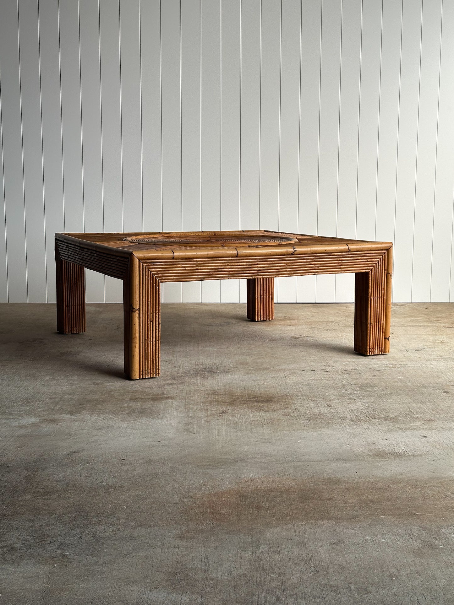 Vintage Italian Sunburst Rattan Coffee Table Attributed to Vivai del Sud, 1970s
