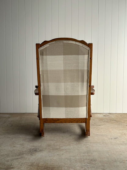 Studio Craft Oak Wingback Rocking Chair With Carved Rail, C. 1970s